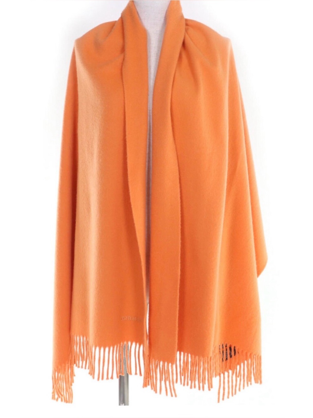 NWOT; HERMES 100% Cashmere 
Logo Embroidered 
Fringe Large Shawl/Stole
Orange